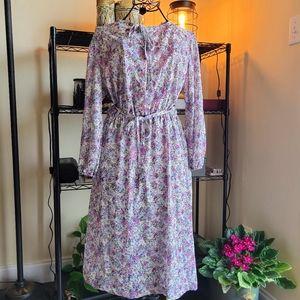 Vintage Secretary Purple Floral Print Belted Dress Small